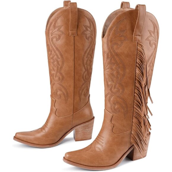 Women's Brown Pointed Toe Wide Calf Fringe Cowgirl Knee High Chunky Heel Boots - Picture 6 of 8